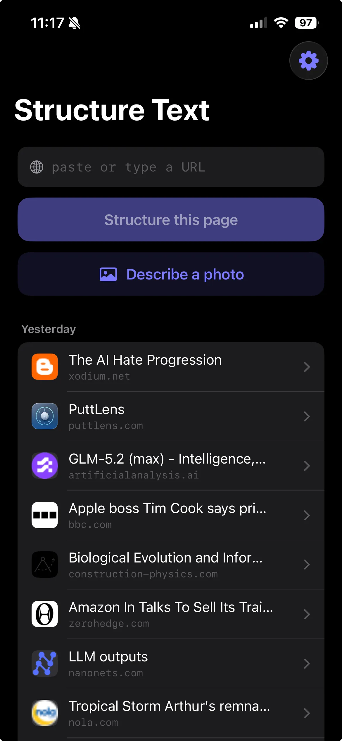 Structure Text home screen: a URL field, a Structure this page button, Describe a photo, and a list of recent conversions.