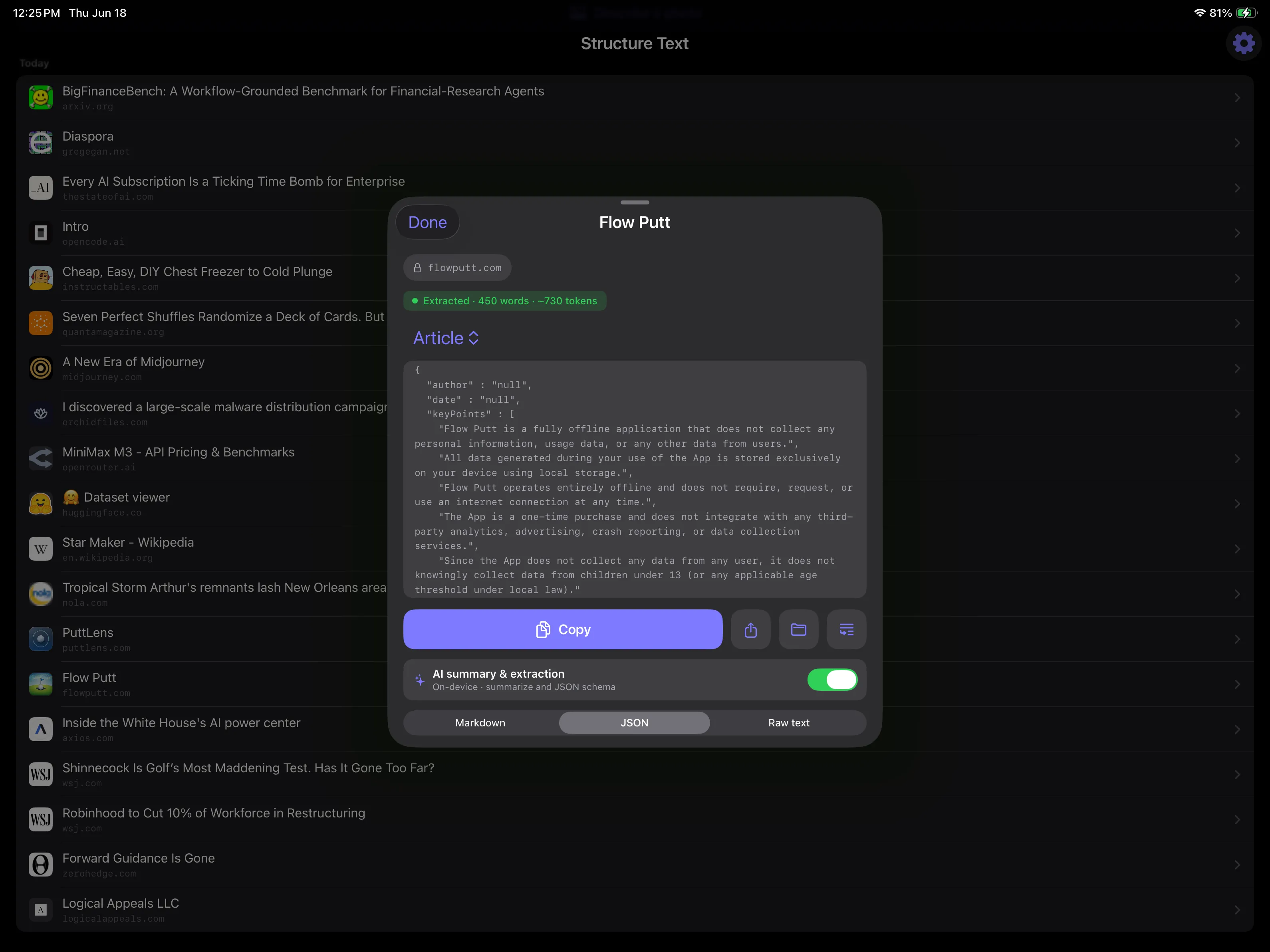 The same page exported as structured JSON on iPad in landscape.