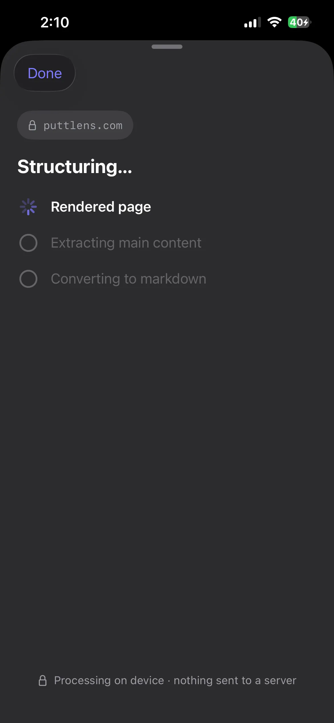 Structure Text running its pipeline: Rendered page, Extracting main content, Converting to markdown — with the note 'Processing on device · nothing sent to a server.'