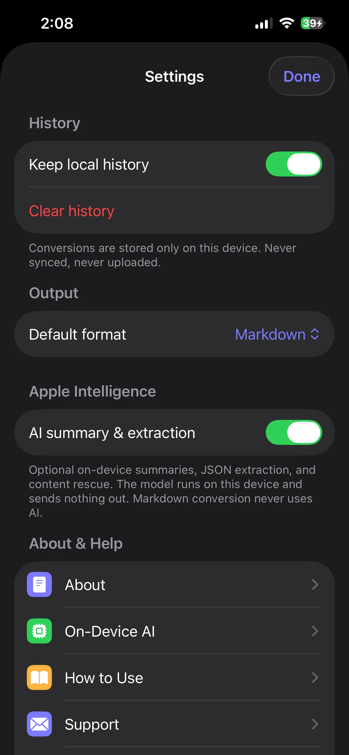 History stays on-device; AI features are entirely optional.