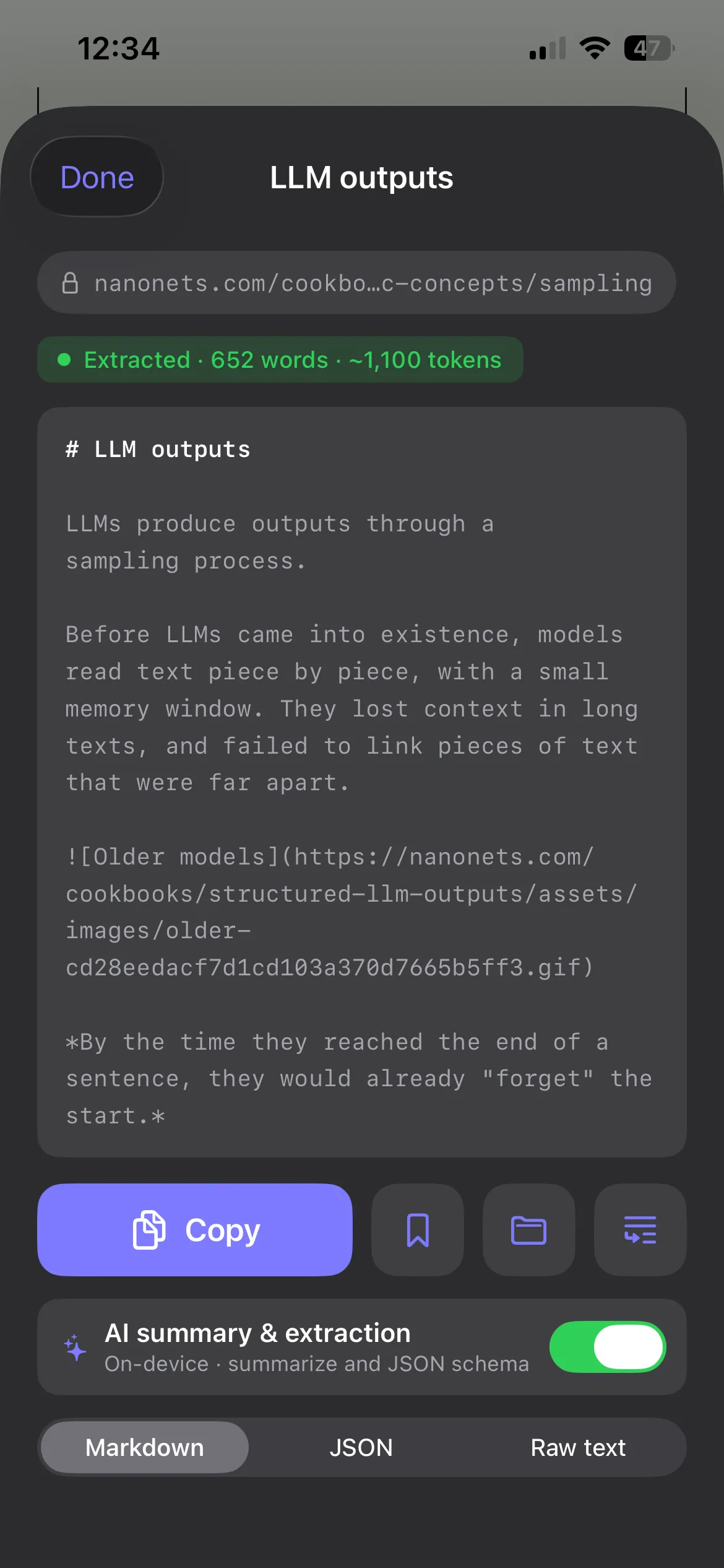 Clean Markdown with word and token counts, plus a format switcher.