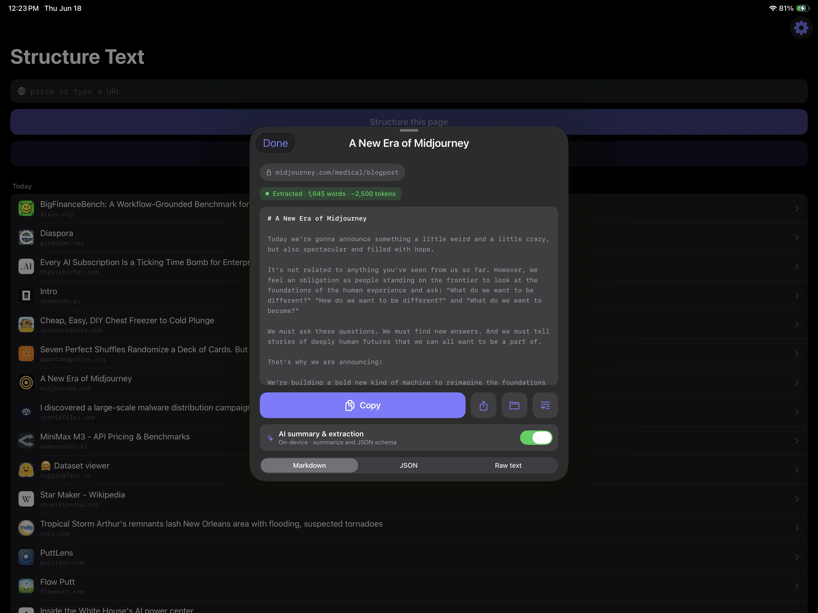 A structured article shown as Markdown on iPad in landscape, with the Copy button and format switcher.