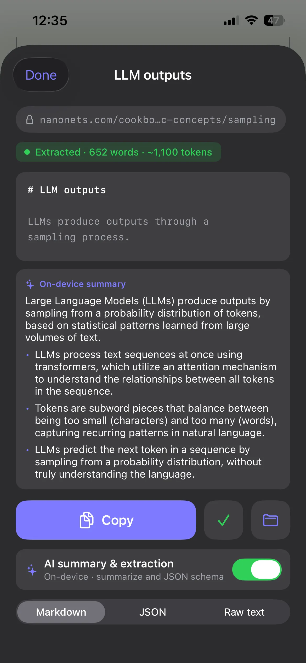 An article in Structure Text with an on-device summary: a short overview followed by key bullet points, generated locally.